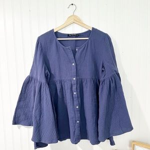 By Together Blue Gauze Bell Sleeve Blouse - LARGE